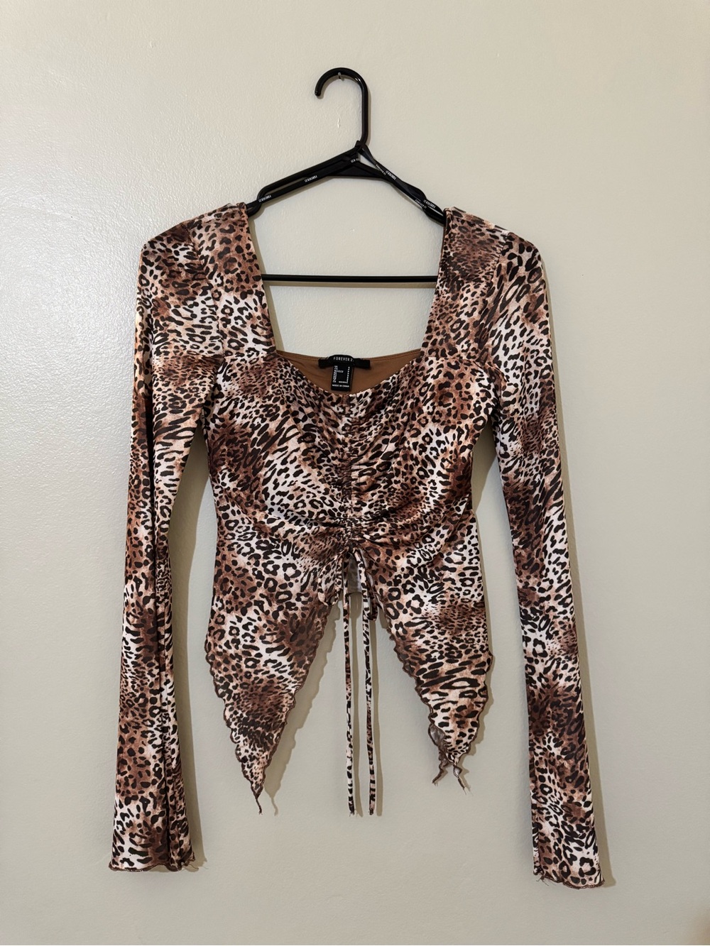 Forever 21 Leopard Ruched Long-Sleeve Top - Brown